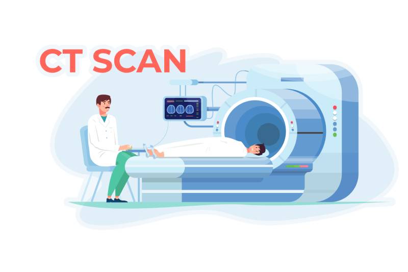 A radiologist carrying out CT scanning for a patient lying on the ct table.