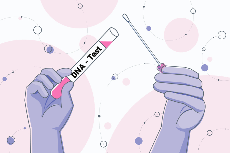Vector image of two hands, one holding a test tube with DNA mentioned on it and the otherone holding a cotton swab.