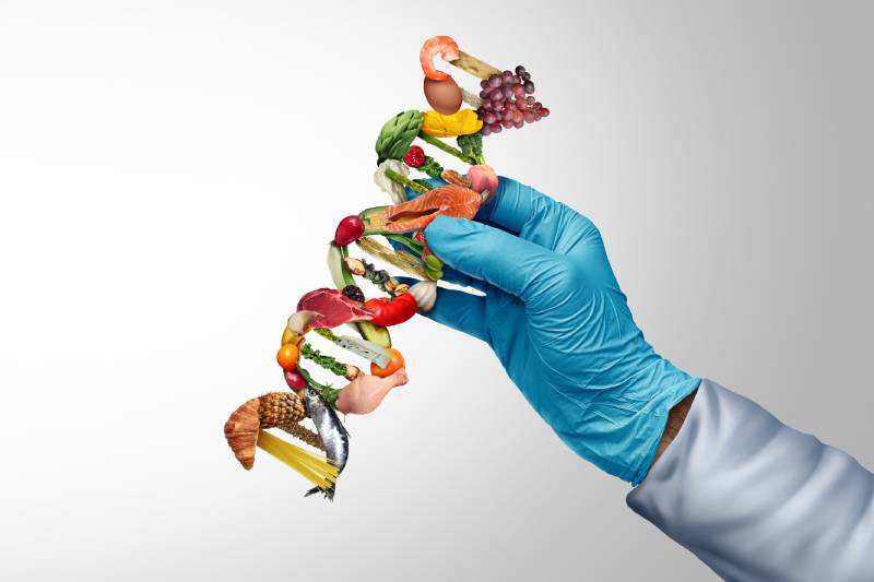 A nutritionist hand with nutrients and foods arranged as a DNA genetic strand representing GMO or gene editing.