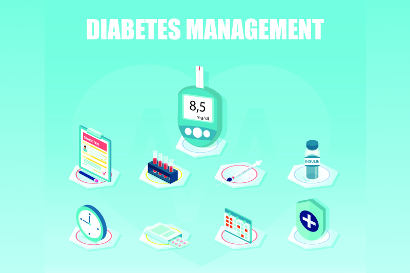 Vector image of a doctor giving consultation to a diabetes patient and images related to diabetes management concept displayed around.