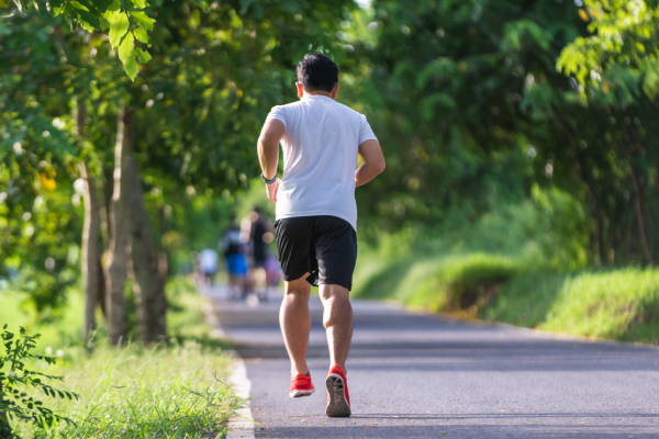 Back view of an athletic young man jogging on the road in a pleasant environment.