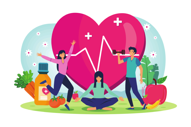 A vector illustration of a healthy living concept with the characters/people doing exercise, yoga and healthy food with the symbol of heart at the middle.