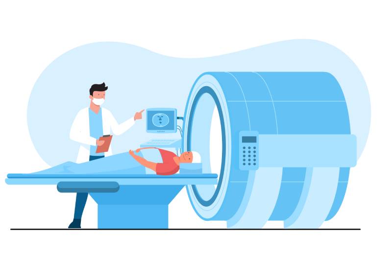 Vector image of a doctor explaining the mri scan process and the safety of the procedure to the patient lying on the MRI table.