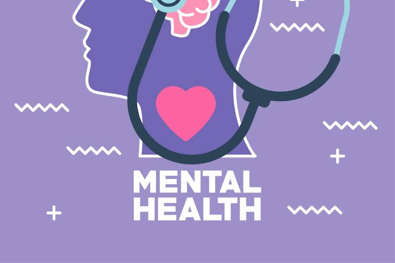 Vector image of human brain along with stethoscope and heart symbol depicting mental health day.