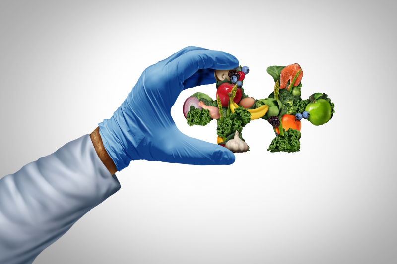 A nutritionist or scientist's hand holding healthy and nutritious food in the shape of a puzzle piece.