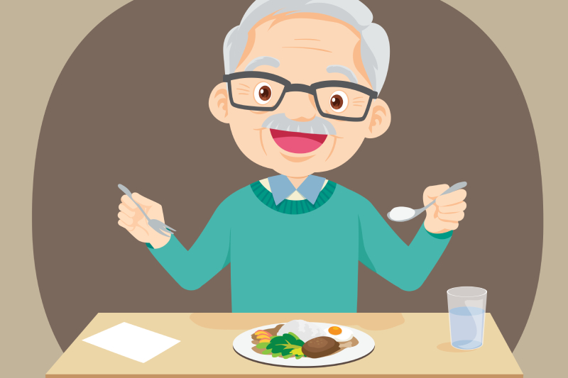 Vector image of an elderly man having healthy food on a dining table.