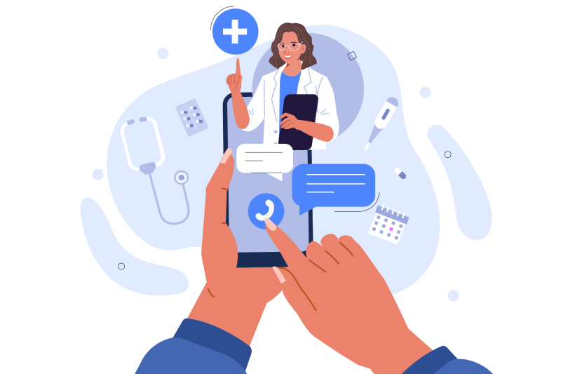 Vector image of a woman's hands holding a smartphone with video Call on screen depicting the idea of a patient having online conversation with doctor.