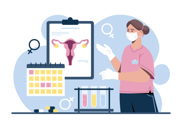 Vector image of a female doctor examining female reproductive and hormonal system with capsules and sample tubes shown near it.