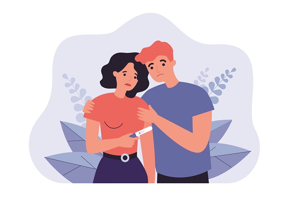 Vector image of a sad looking woman holding a negative pregnancy test result and her partner consoling her.