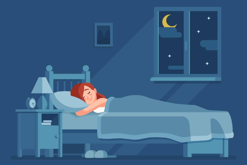 Vector image of a woman sleeping in her room at night.