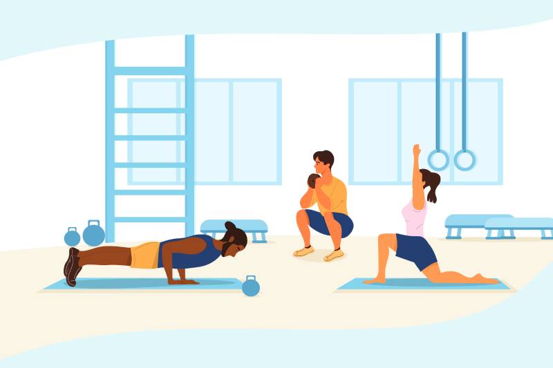 Vector image of two men and a woman doing work out in a gym.