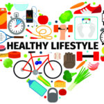 Lifestyle related images such as food, healthcare, exercise etc, arranged as a heart shape.