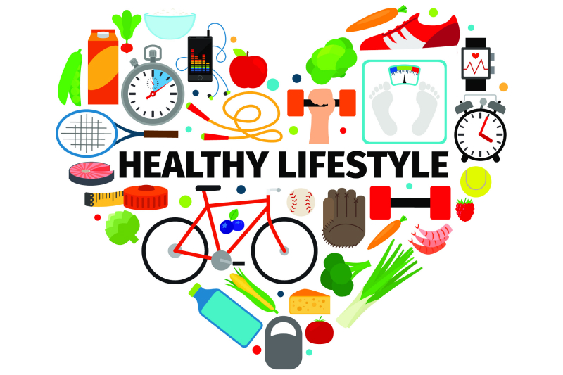 Lifestyle related images such as food, healthcare, exercise etc, arranged as a heart shape.