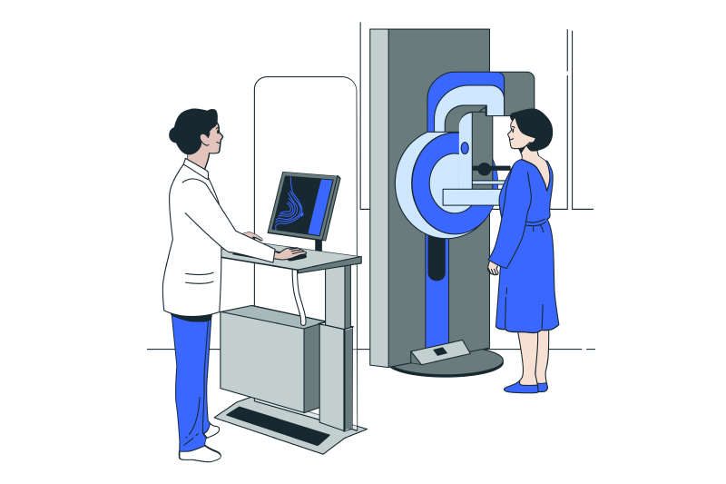 Illustration of a woman patient getting a mammogram test and a radiologist conducting the screening.