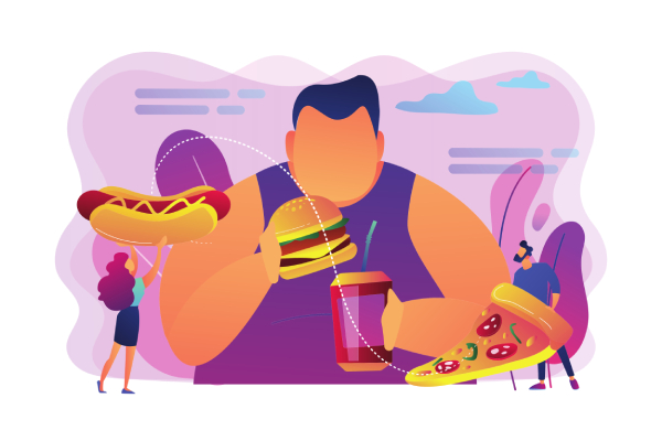 A vector image of an overweight man eating burger and soft drink, and images of tiny people aroung him giving him fast food.