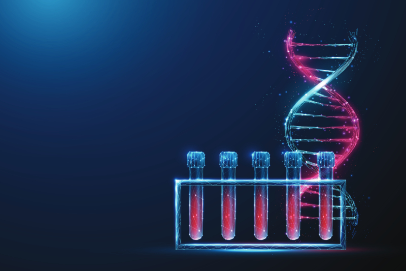 Image of pink and blue coloured DNA strand with 5 similar coloured sample tubes arranged on a stand kept before it, displayed on a blue background.