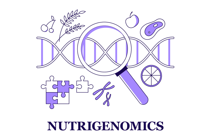 Illustrative image of different fruits and vegetables along with DNA strands along with puzzle blocks indicating the science of nutrigenomics.