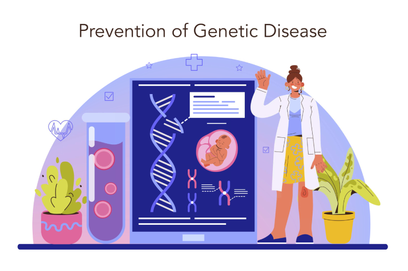 A vector image of a scientist standing near images of DNA strand, a foetus and a test tube, working with DNA molecule structure and genetic test analysis for genetic disease prevention.