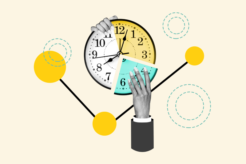 Image of a hand holding a separated clock, partitioned in white,yellow and green shades and the separated green shaded part held in the other hand.