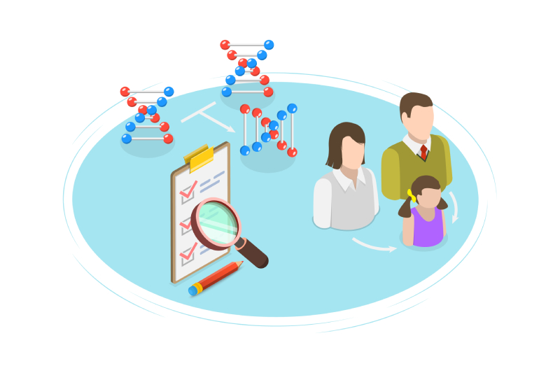 Vector image of a father,mother and a daughter along with images of DNA strand, writing pad,magnifier and a pencil displayed around it.