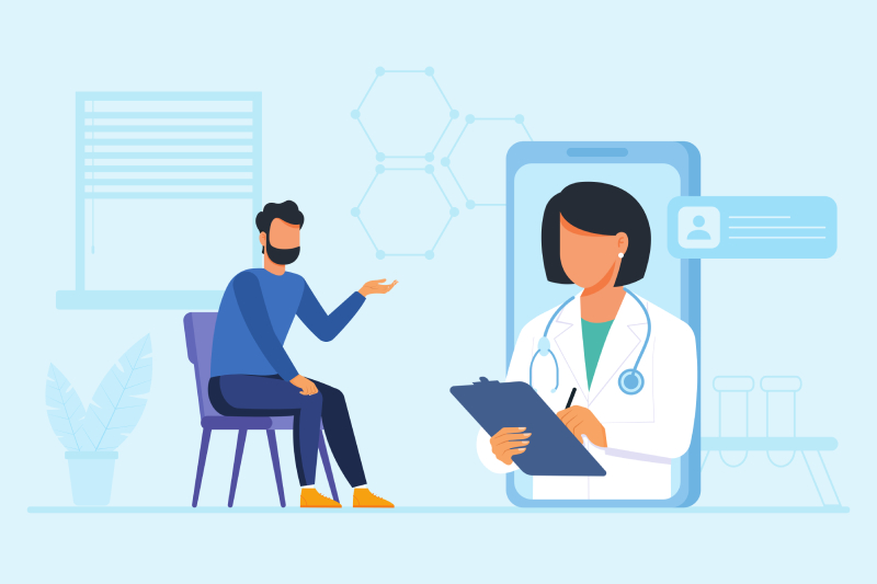 Vector image of a person sitting on a chair and a mobile phone displaying an image of online consultation app with a female doctor writing down a prescription.