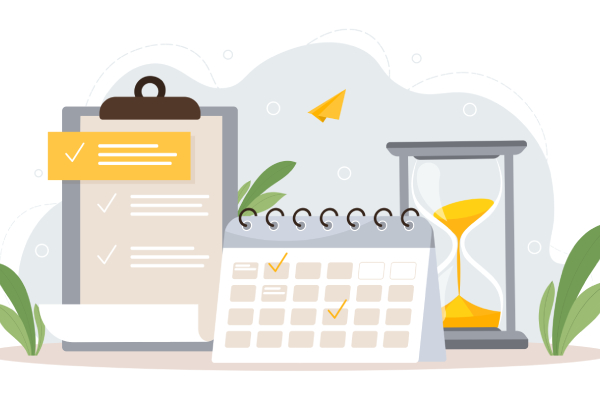 Vector image of a hourglass, calendar with marked dates and a writing pad with a large list of tasks.