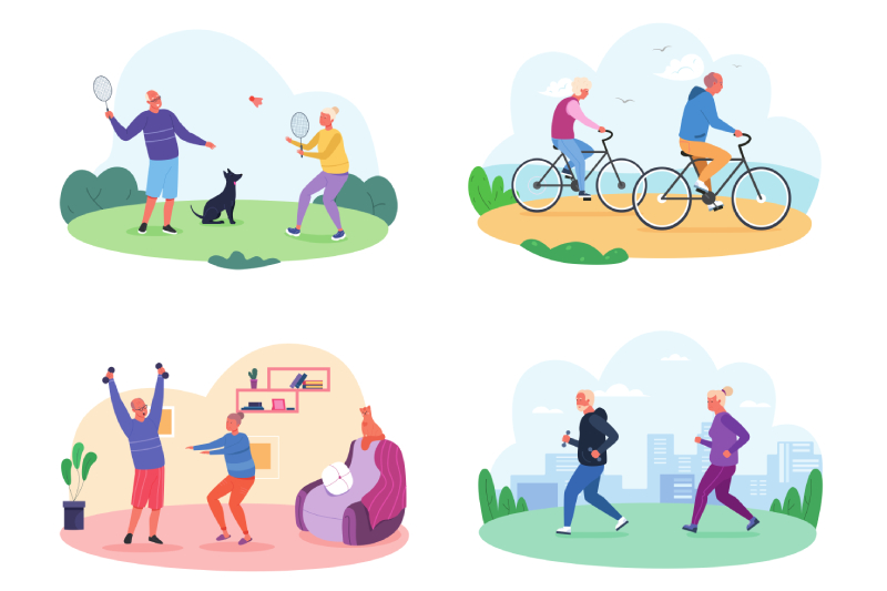 Vector images of aged people doing exercise, badminton,cycling and jogging.