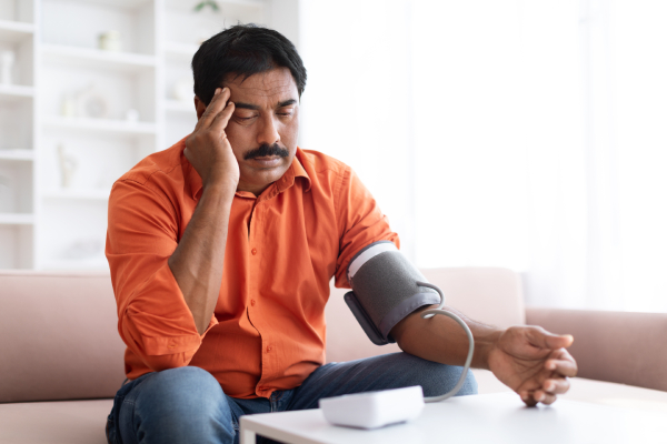 A person sitting on a couch at home with a hand holding his head in a stressed condition, checks blood pressure using a digital BP monitor.