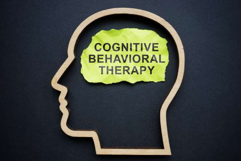 A black screen with an outline image of a man's head with the term Cognitive behavioral therapy written on a piece of paper shown inside the image.