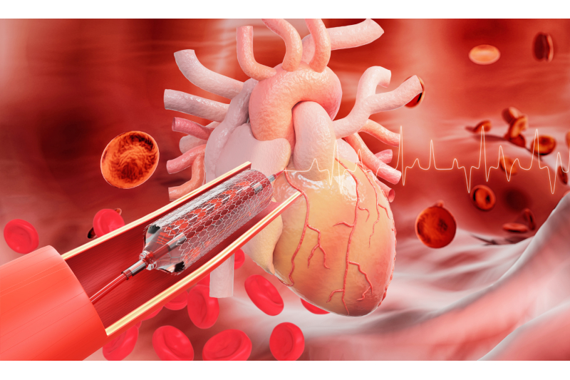 Enlarged internal view of an artery shown as the background with an image of heart shown in the middle and an opened artery with an inserted stent displayed beside the heart.