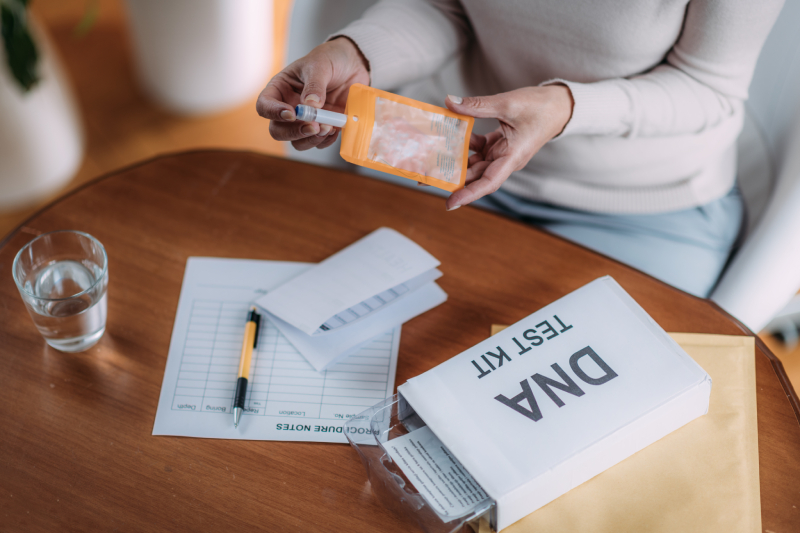 A woman using a DNA test kit with documents, a pen, and a glass of water on a wooden table.