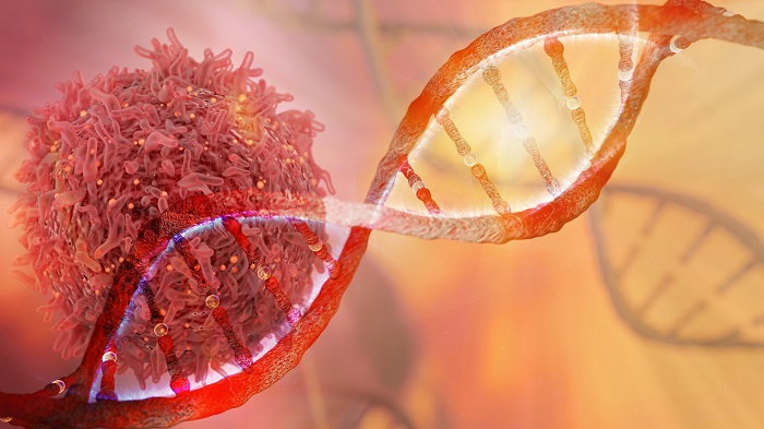 A scientific illustration showcasing a DNA strand intertwined with a cancer cell, symbolizing advancements in genetic research.