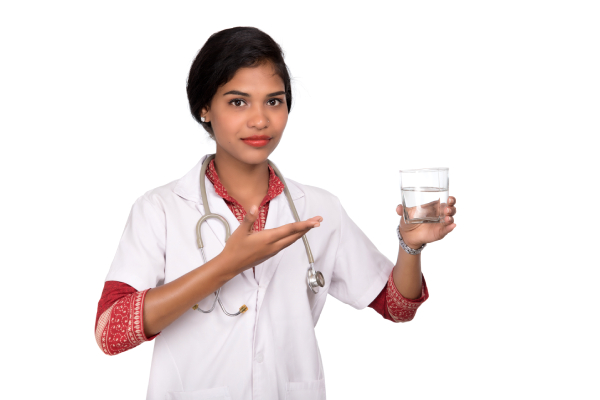 A professional with a stethoscope holds a glass of water, emphasizing hydration and personalized water intake advice.