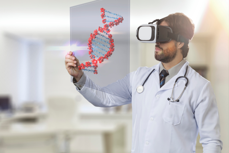 Doctor wearing VR headset analyzing 3D DNA structure in a medical lab.