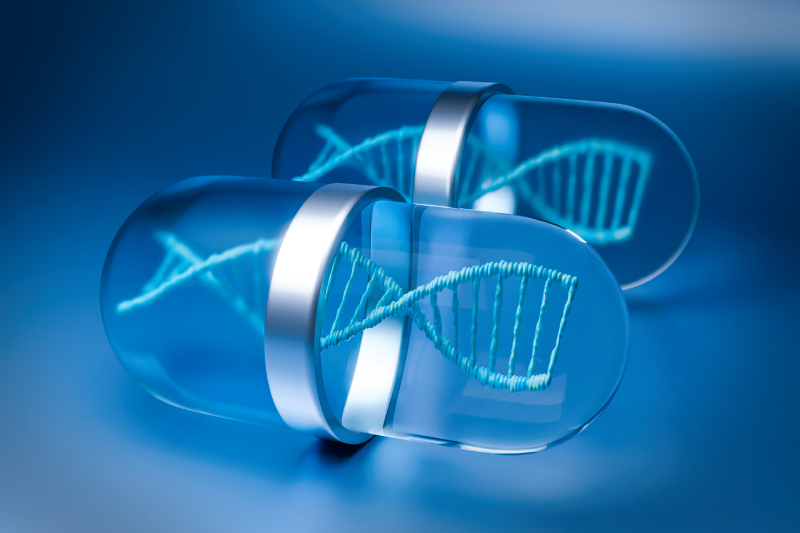 A 3D-rendered image of DNA inside a pill, representing pharmacogenomics' impact on personalized medicine and drug response.