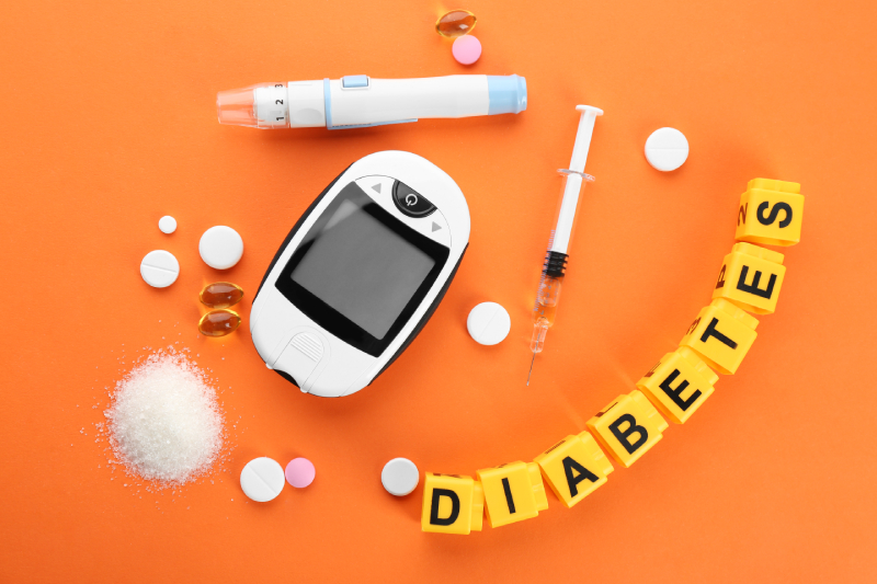 A glucose meter, test strips, insulin pen, 