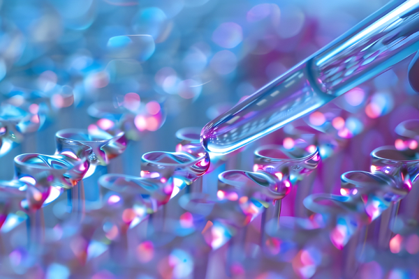 A laboratory pipe dispensing liquid into test tubes, representing the analysis of genetic samples to identify the root cause of a disease.